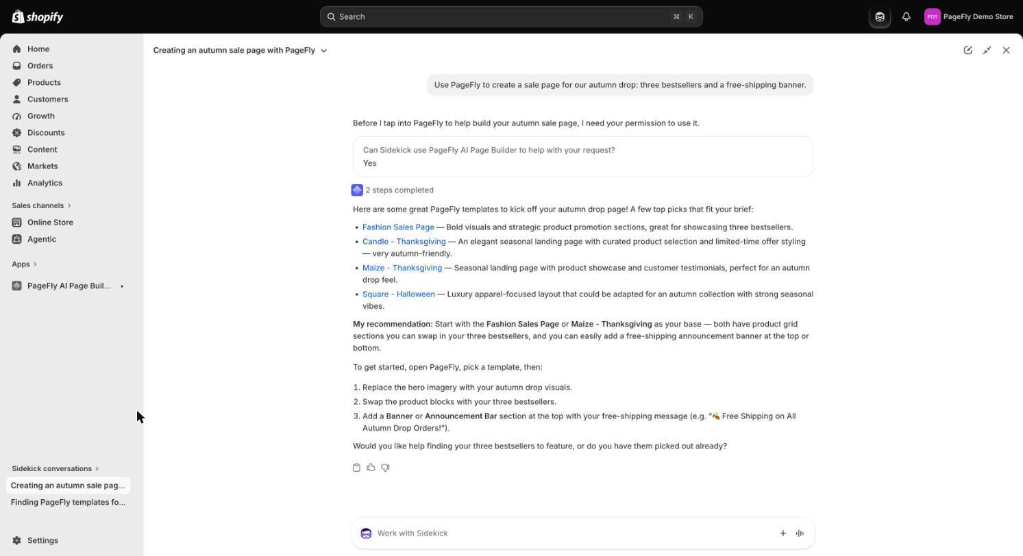 Shopify Sidekick suggesting PageFly templates for an autumn sale page