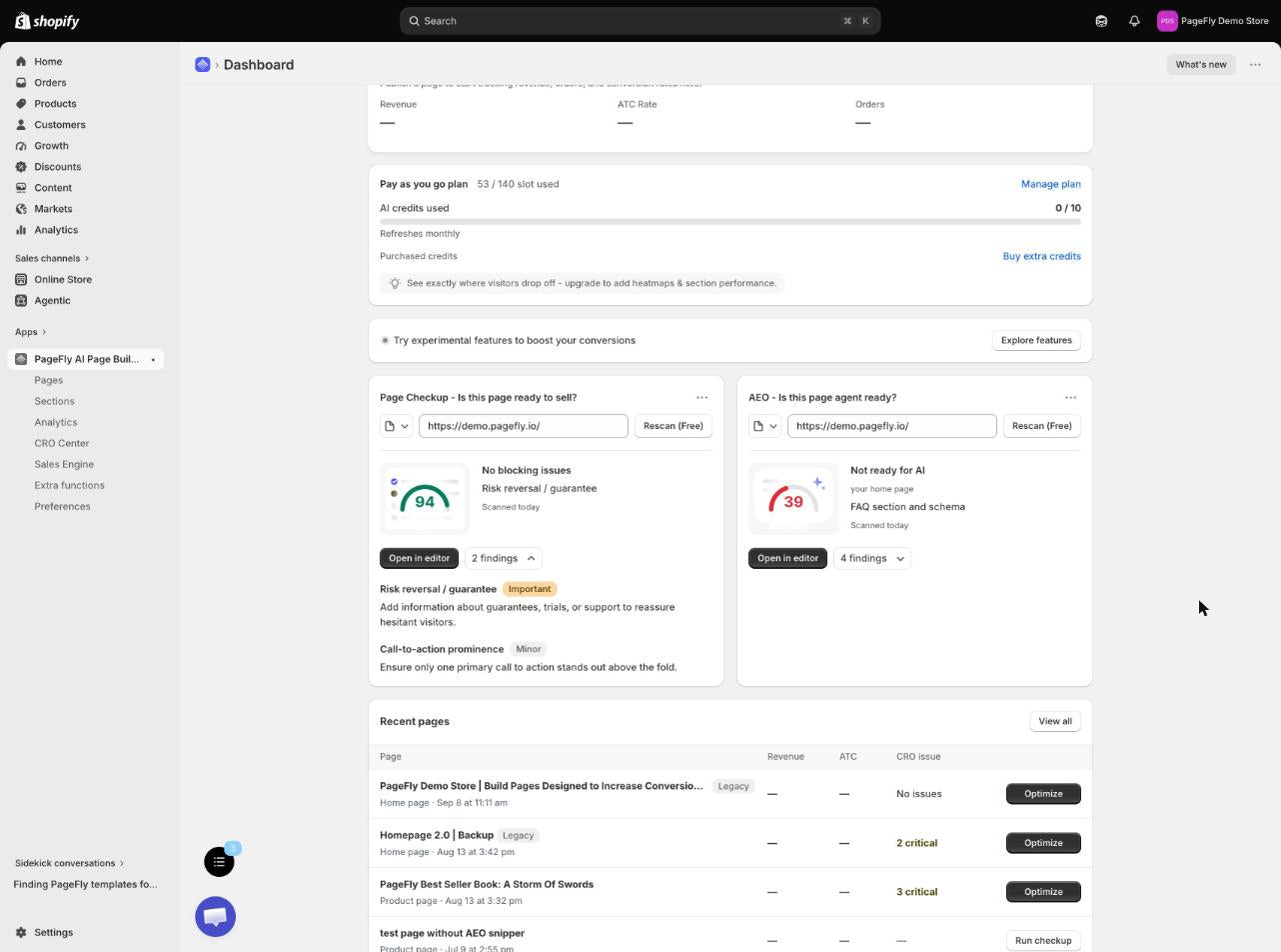 PageFly Page Checkup scoring a live page with two findings